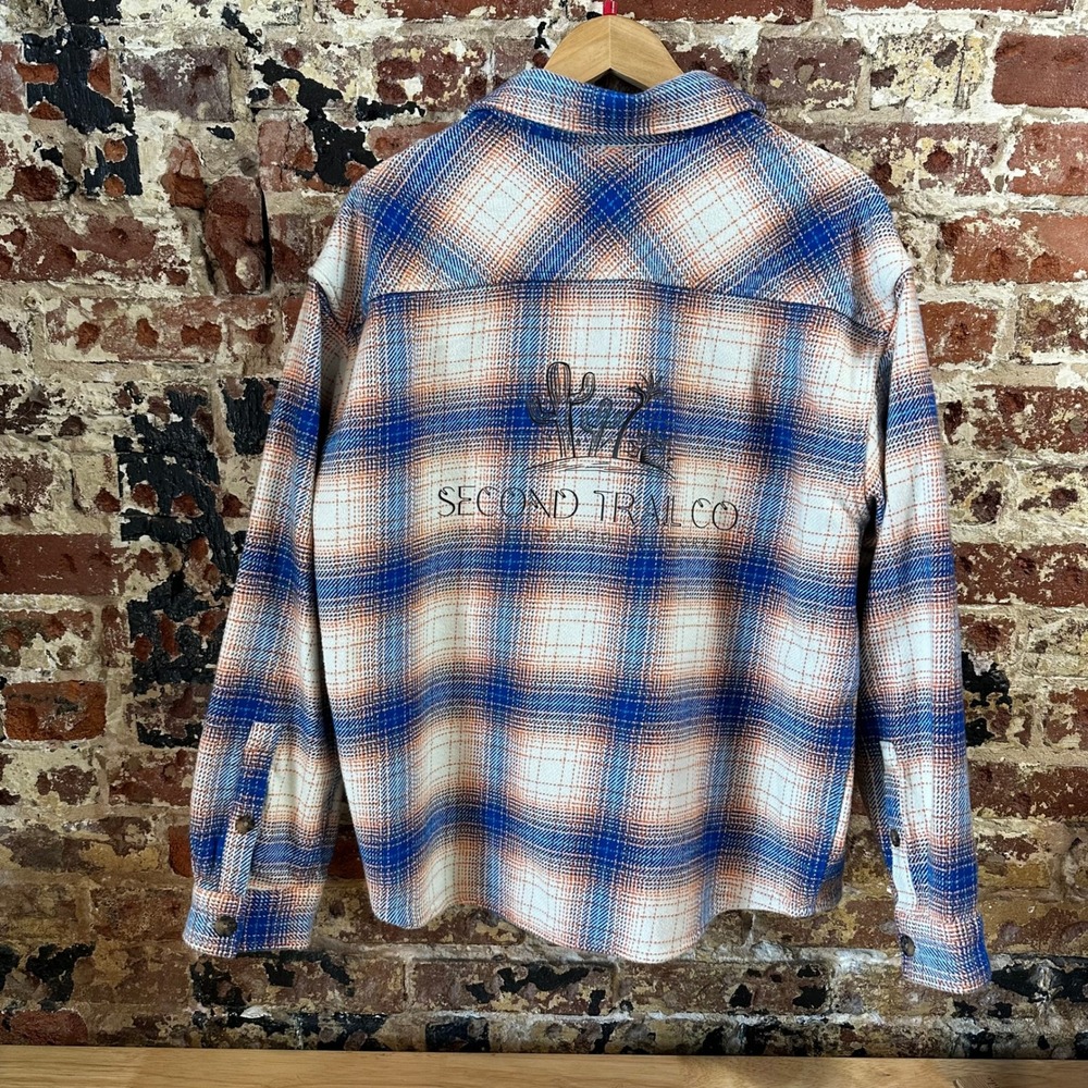 Goodfellow Shacket Button Up Flannel Shirt Blue Plaid long sleeve Womens Large